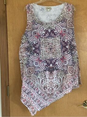 ONE WORLD BOHO Print Pointed Hem Sleeveless Chiffon Overlay SZ 1X Like New